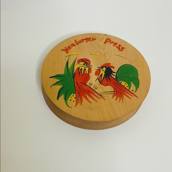 Vintage Wood Hamburger Press | Rooster Art | Round Perfect Burgers 60’s Kitchen - Picture 4 of 8